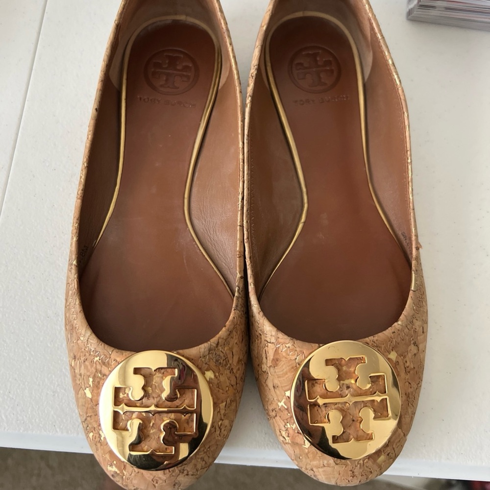 Tory Burch Women's Tan Reva Cork Logo Ballet Flats